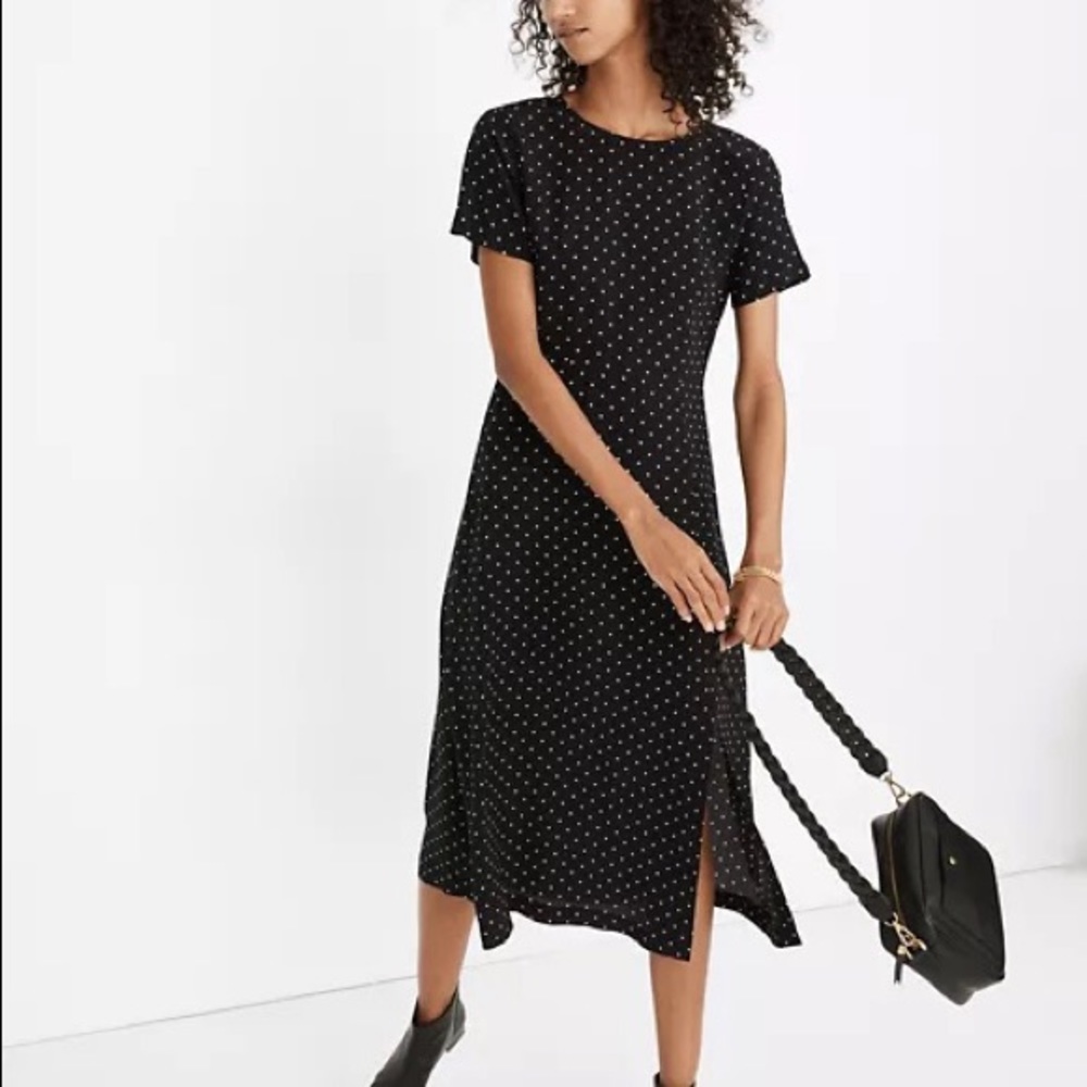 Madewell silk crewneck midi dress in black polka dot. Size 4. NWT.